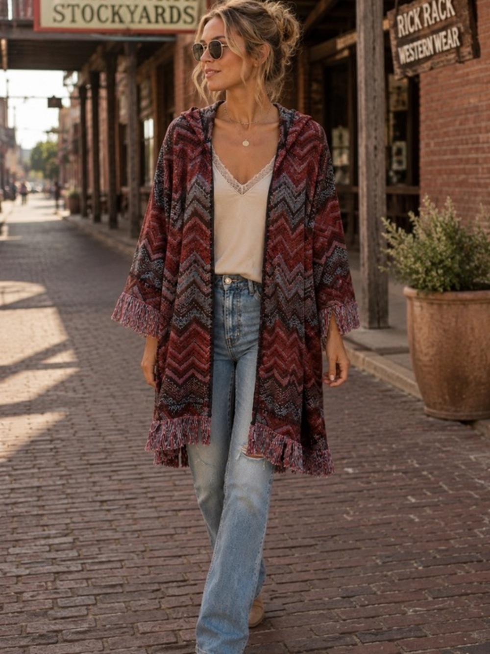 Anthropologie Hei Hei Chevron Fringe Hooded Cardigan Boho Western Duster M/L